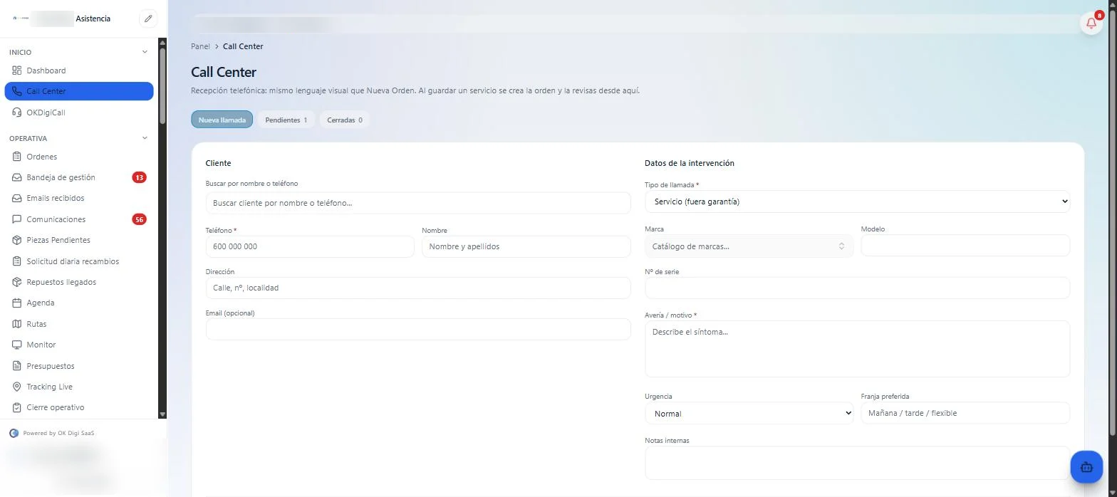 Alta de aviso en el call center de OK DigiSaaS con búsqueda de cliente, datos del aparato, urgencia y franja horaria