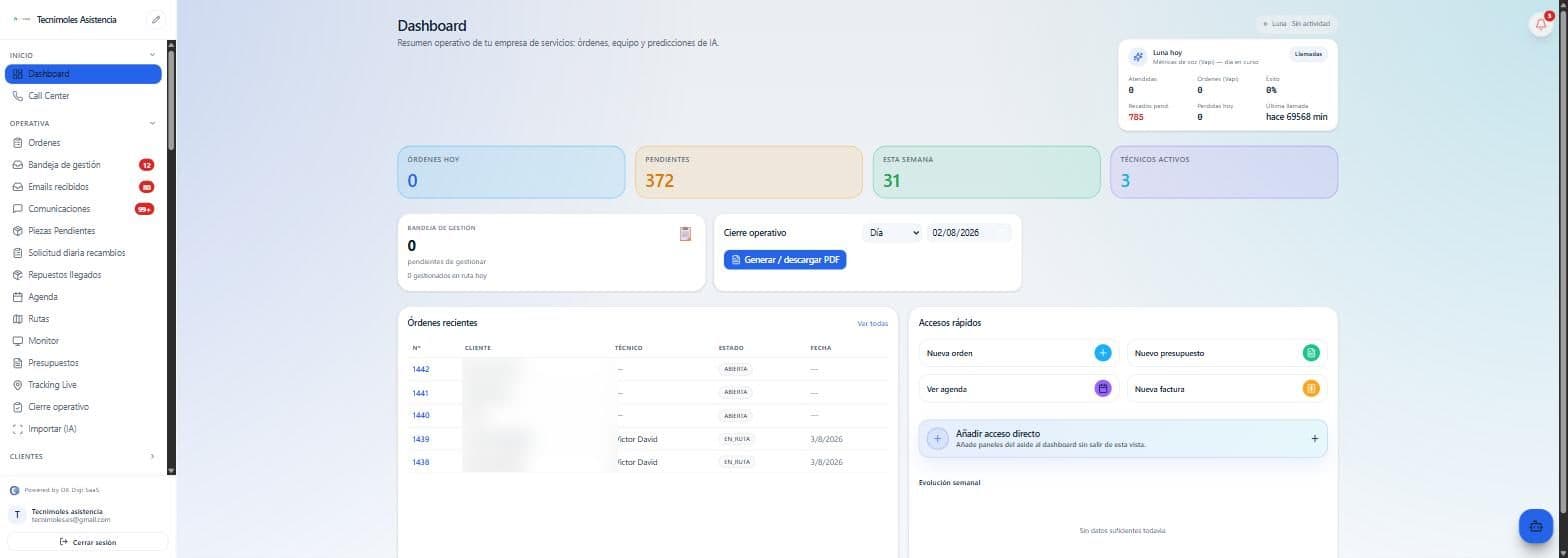software SAT en dashboard con órdenes, agenda y facturación