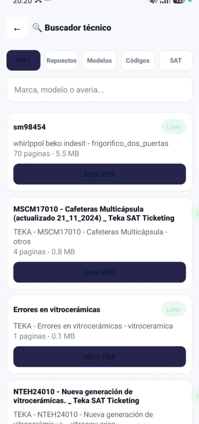 Buscador técnico de la app con filtros PDF, repuestos, modelos y códigos y resultados Abrir PDF
