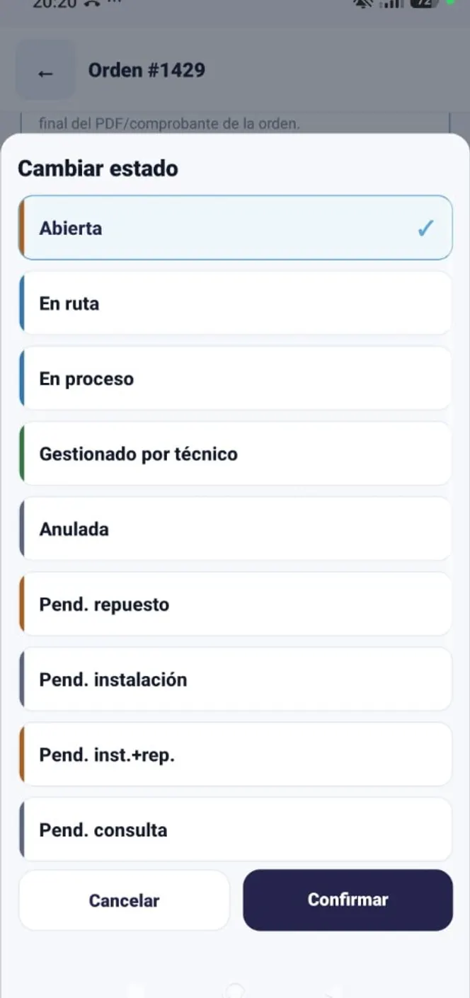 Modal Cambiar estado de la app del técnico con Abierta, En ruta, En proceso, pendiente de repuesto e instalación