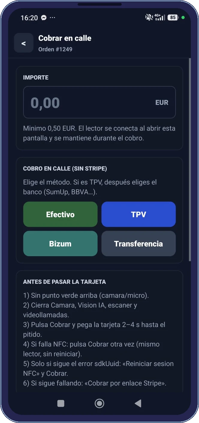 Pantalla de cobro en calle de la app okdigisaas con efectivo, TPV, Bizum y transferencia