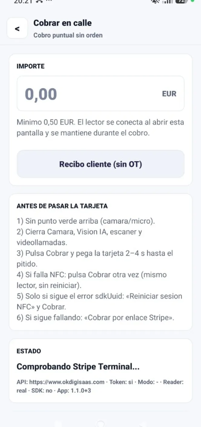 Pantalla Cobrar en calle con importe, instrucciones NFC y estado de Stripe Terminal