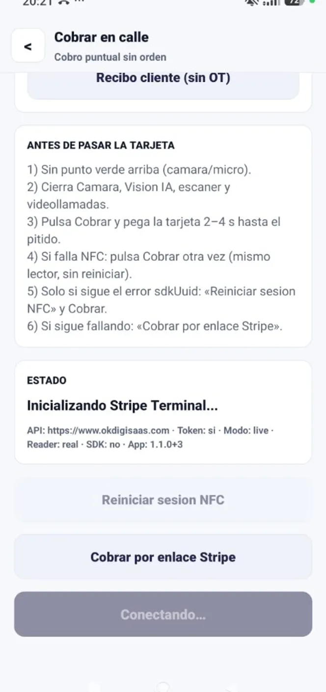 Cobrar en calle con reinicio de sesión NFC y cobro por enlace Stripe como alternativa