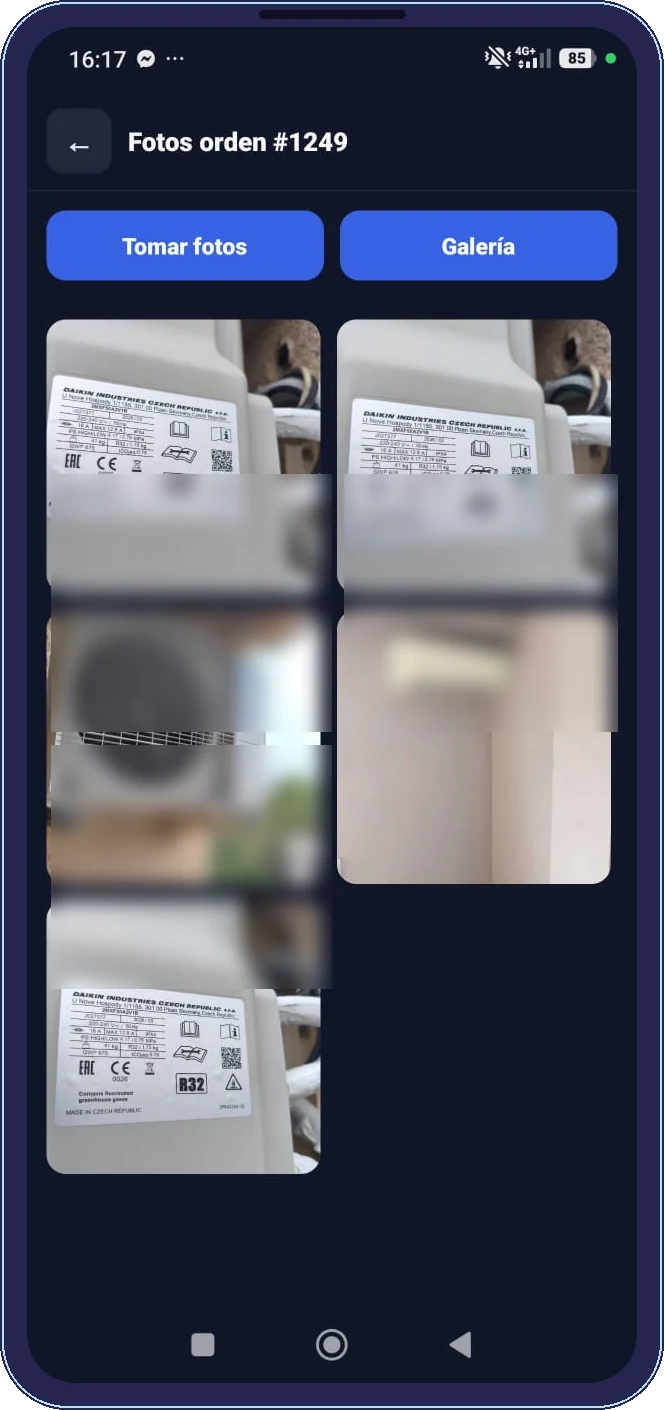 Galería de fotos de una orden de servicio en la app del técnico de okdigisaas