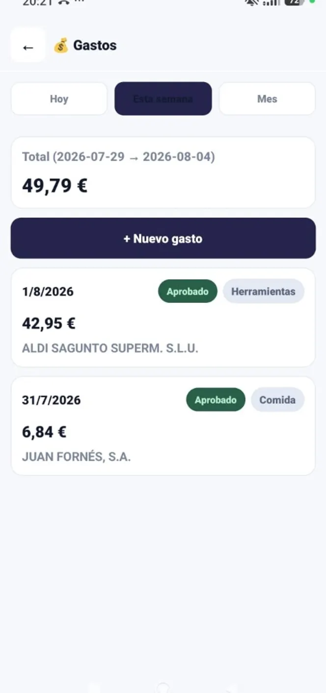 Listado de gastos del técnico filtrado por semana con totales, categorías y estado aprobado