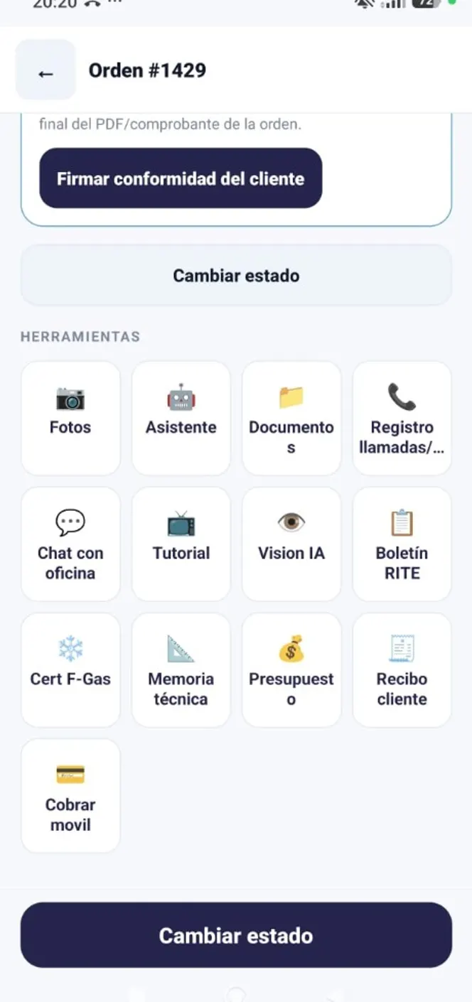 Rejilla de herramientas de la orden: fotos, asistente, documentos, chat, Visión IA, RITE, F-Gas, memoria, presupuesto, recibo y cobro