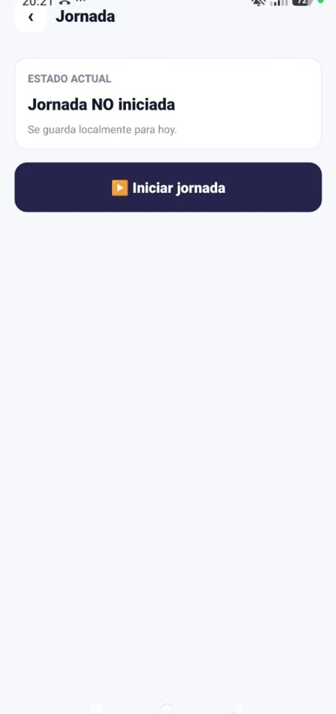 Pantalla Jornada de la app del técnico con estado no iniciada e botón Iniciar jornada