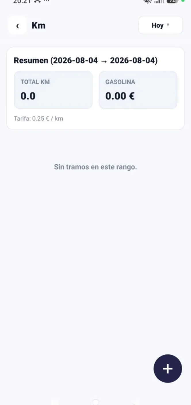Resumen de kilómetros y gasolina del técnico con tarifa por km en la app okdigisaas