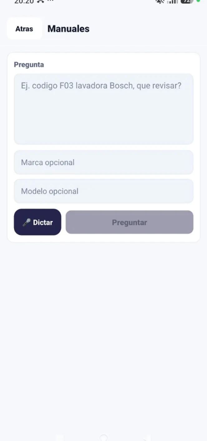 Pantalla Manuales de la app del técnico con pregunta, marca, modelo y botones Dictar y Preguntar
