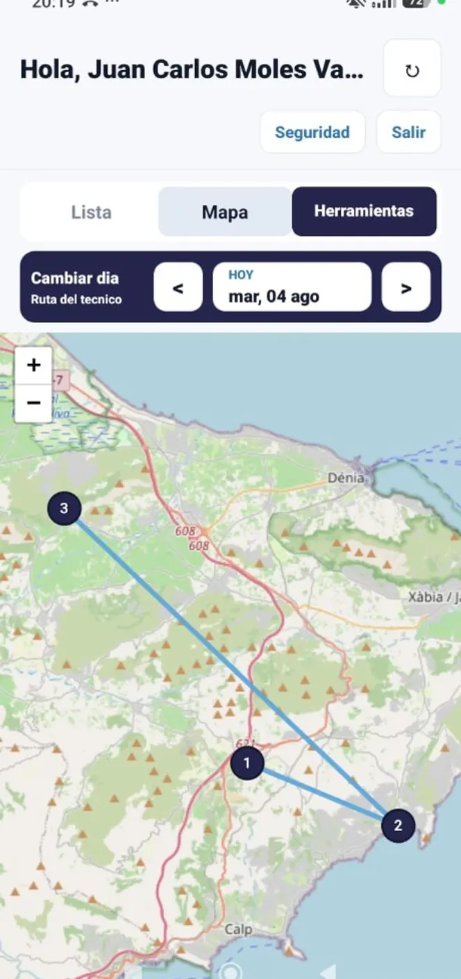 Mapa de la ruta del técnico con paradas numeradas y recorrido del día en la app okdigisaas