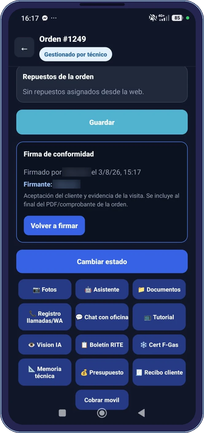 Módulos de la orden en la app del técnico: fotos, asistente, documentos, chat con oficina, Visión IA, boletín RITE, certificado F-Gas, memoria técnica, presupuestos y recibo