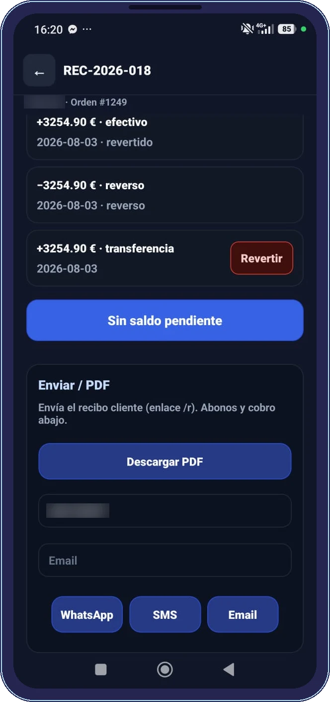 Envío del recibo al cliente por WhatsApp, SMS o email desde la app del técnico