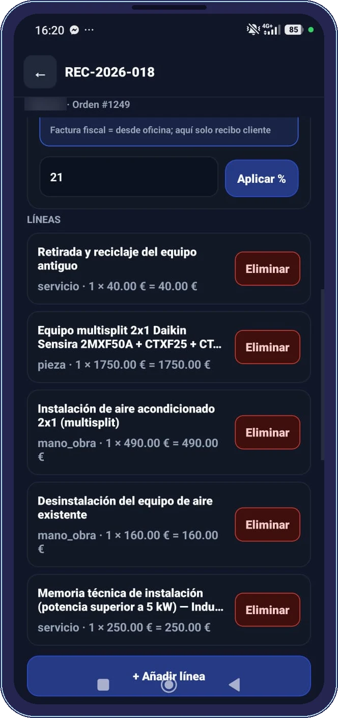 Líneas de un recibo en la app del técnico con mano de obra, piezas y servicios detallados