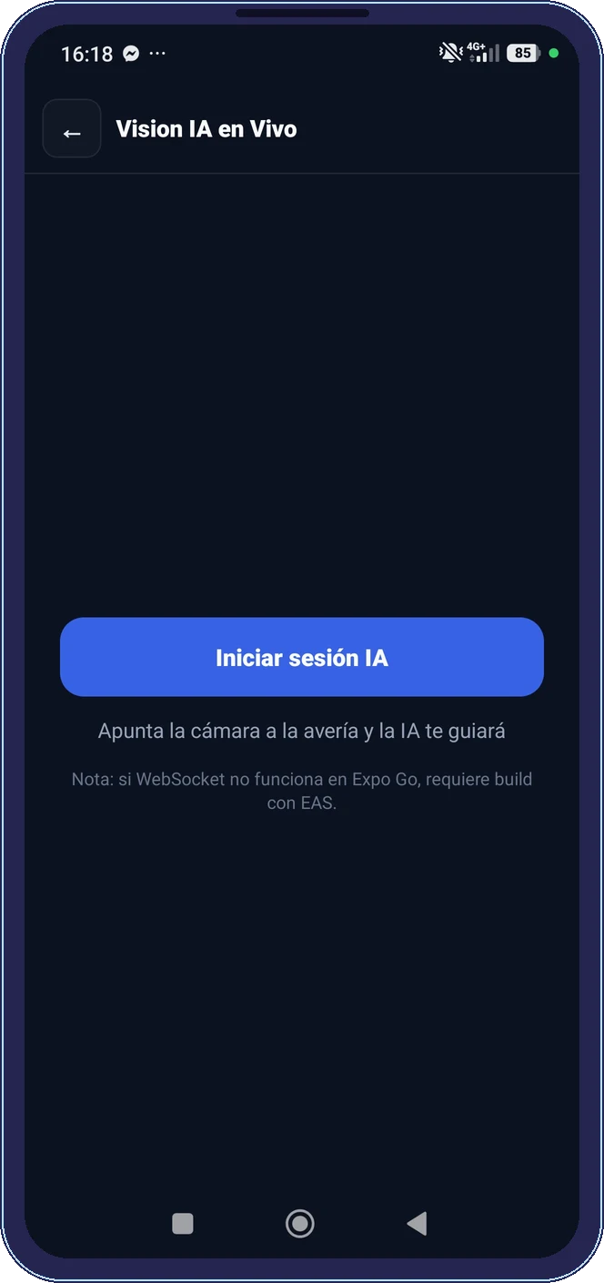 Función Visión IA en vivo de la app okdigisaas: la cámara guía al técnico ante una avería